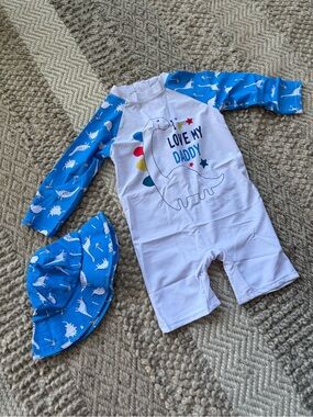 White & Blue 'I Love My Daddy' Dinosaur Rashguard Swim 2pc hat 6/7 yrs